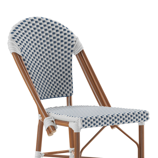 White & Navy/Natural Frame |#| All-Weather Commercial Paris Chair with Bamboo Print Metal Frame-White/Navy