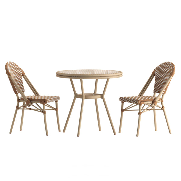 Natural & White Rattan/Light Natural Frame |#| Indoor/Outdoor Commercial Bistro Set with Table and Two Chairs in Nat/Wht