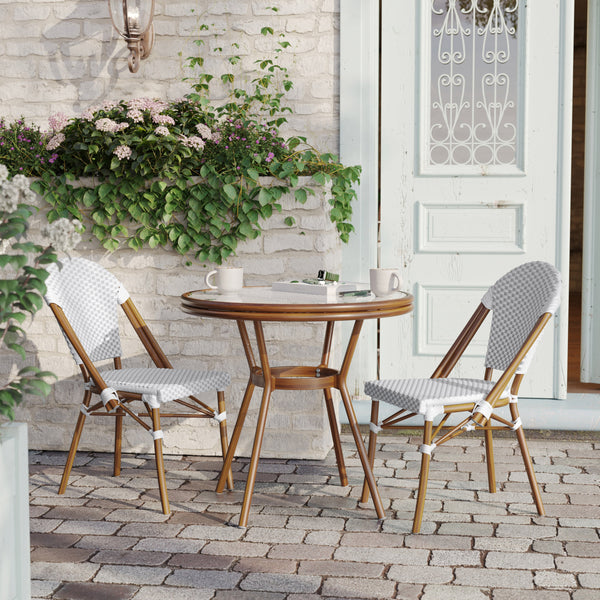 White & Gray Rattan/Natural Frame |#| Indoor/Outdoor Commercial Bistro Set with Table and 2 Chairs in Wht/Gray