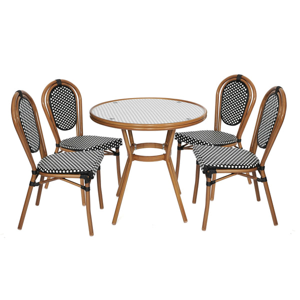 Indoor/Outdoor Commercial Bistro Set with Table and 4 Chairs in Blk/Wht