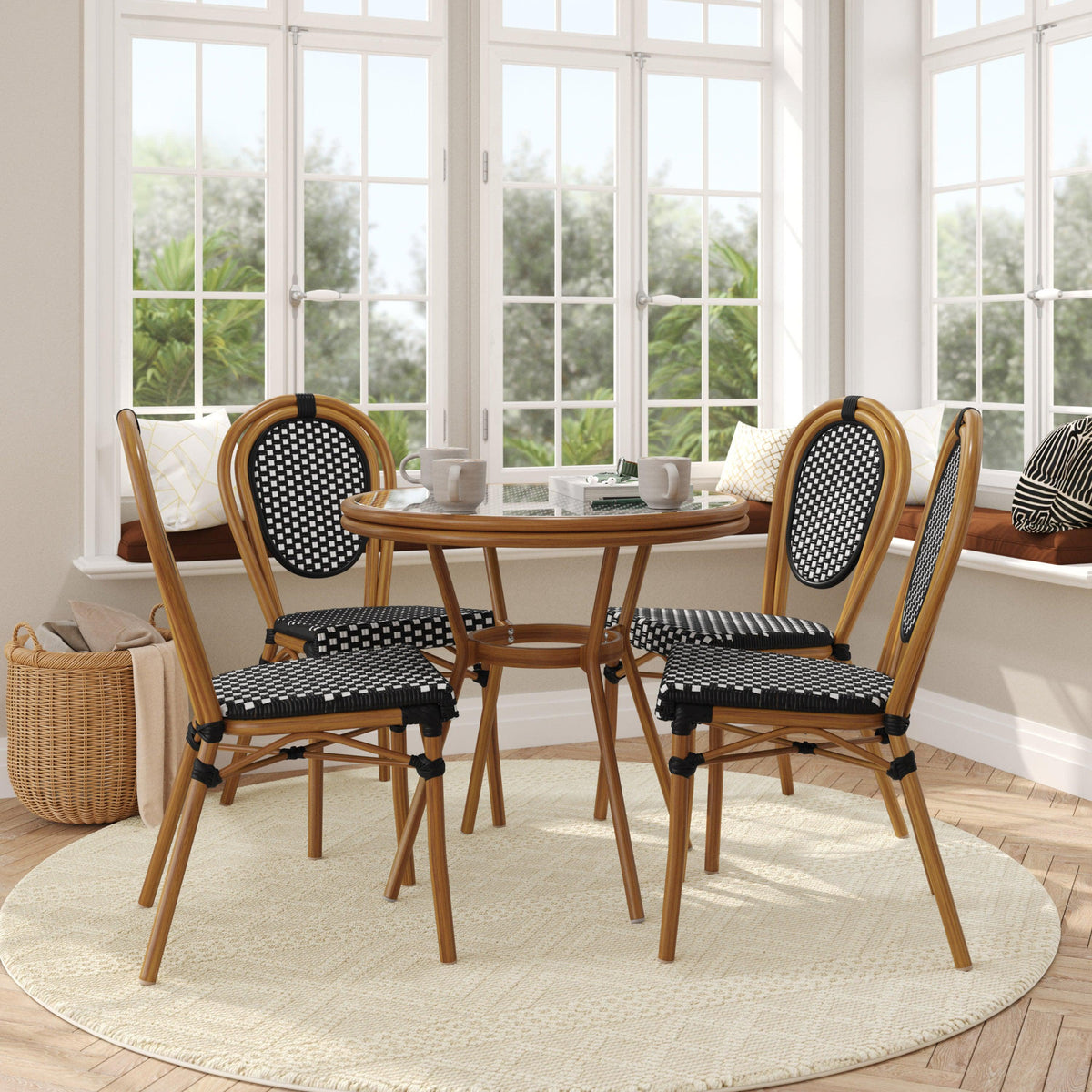 Indoor/Outdoor Commercial Bistro Set with Table and 4 Chairs in Blk/Wht