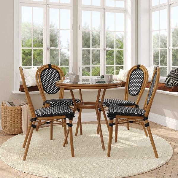 Indoor/Outdoor Commercial Bistro Set with Table and 4 Chairs in Blk/Wht