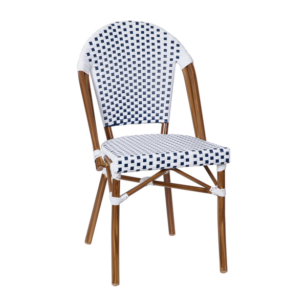 White & Navy/Natural Frame |#| All-Weather Commercial Paris Chair with Bamboo Print Aluminum Frame-White/Navy