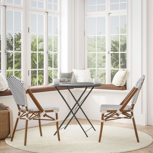 White & Navy/Natural Frame |#| All-Weather Commercial Paris Chair with Bamboo Print Aluminum Frame-White/Navy