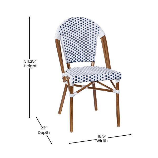 White & Navy/Natural Frame |#| All-Weather Commercial Paris Chair with Bamboo Print Aluminum Frame-White/Navy