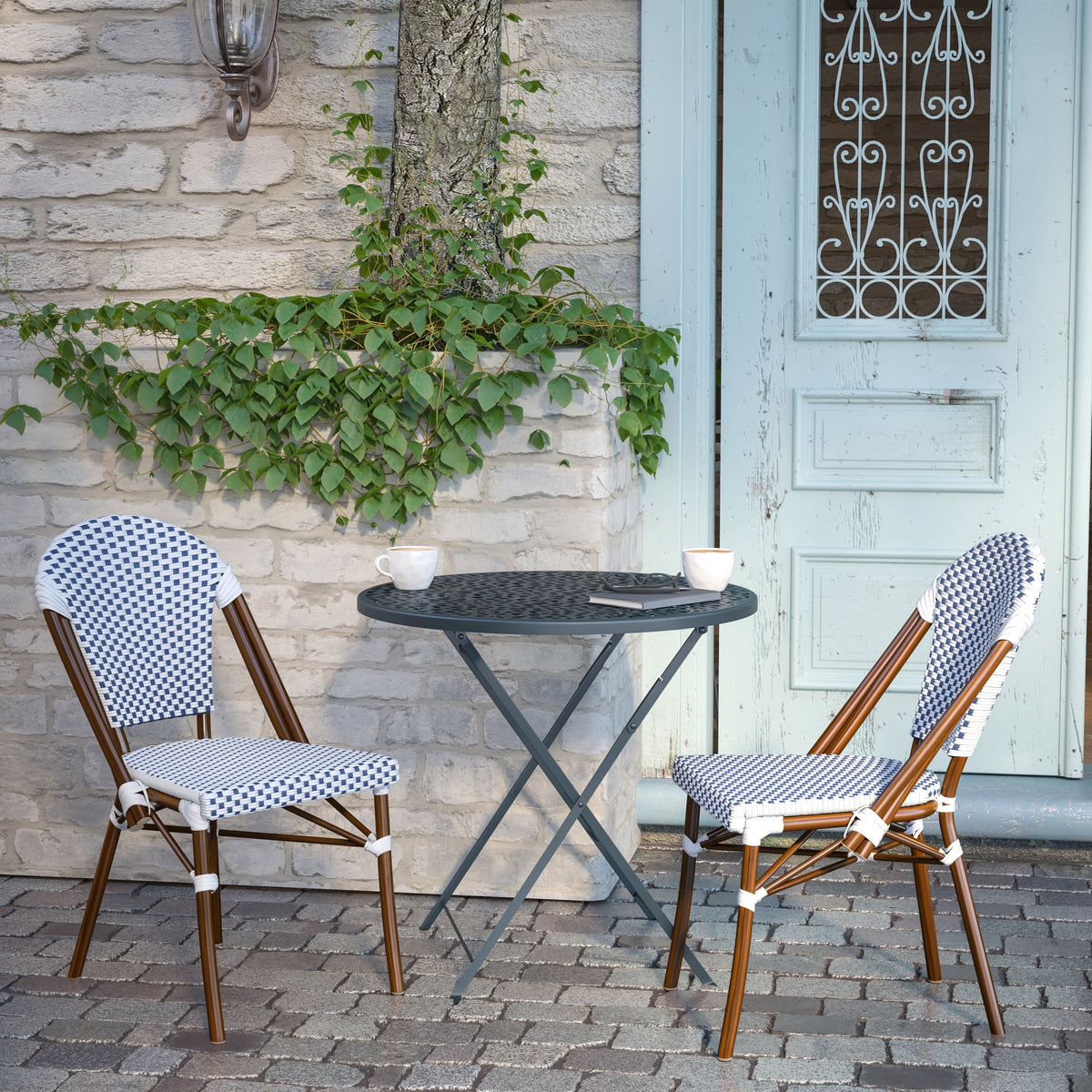 White & Navy/Natural Frame |#| All-Weather Commercial Paris Chair with Bamboo Print Aluminum Frame-White/Navy