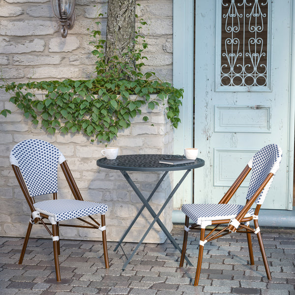 White & Navy/Natural Frame |#| All-Weather Commercial Paris Chair with Bamboo Print Aluminum Frame-White/Navy