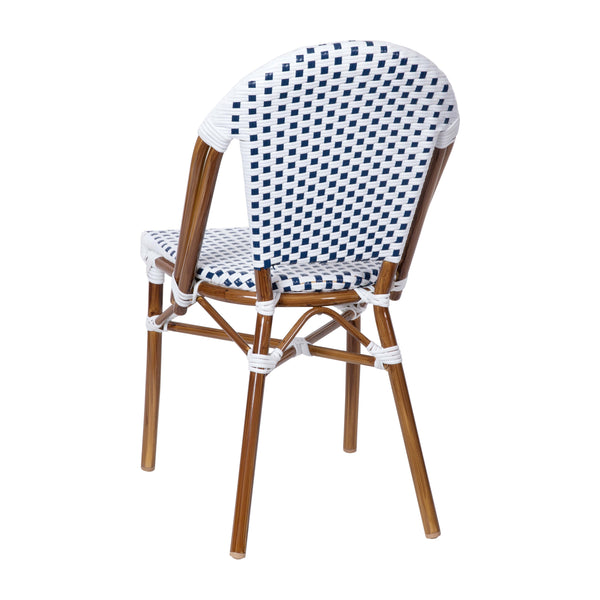 White & Navy/Natural Frame |#| All-Weather Commercial Paris Chair with Bamboo Print Aluminum Frame-White/Navy