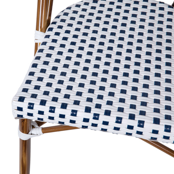 White & Navy/Natural Frame |#| All-Weather Commercial Paris Chair with Bamboo Print Aluminum Frame-White/Navy