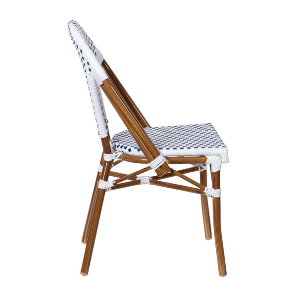 White & Navy/Natural Frame |#| All-Weather Commercial Paris Chair with Bamboo Print Aluminum Frame-White/Navy