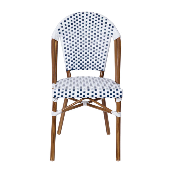 White & Navy/Natural Frame |#| All-Weather Commercial Paris Chair with Bamboo Print Aluminum Frame-White/Navy