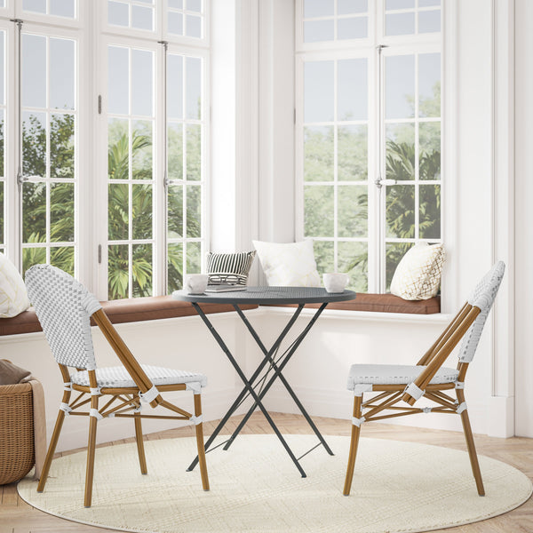 White & Gray/Natural Frame |#| All-Weather Commercial Paris Chair with Bamboo Print Aluminum Frame-White/Gray