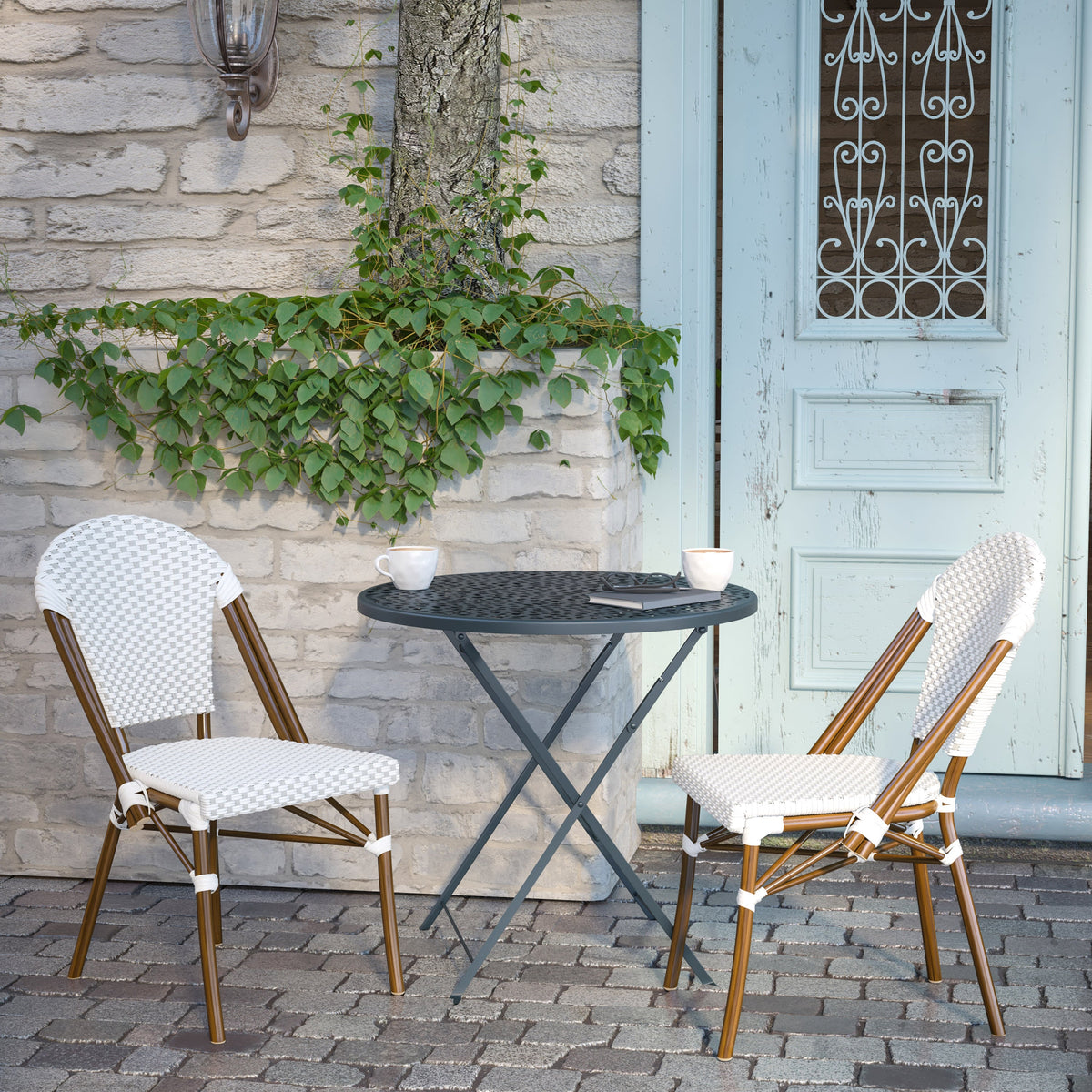 White & Gray/Natural Frame |#| All-Weather Commercial Paris Chair with Bamboo Print Aluminum Frame-White/Gray