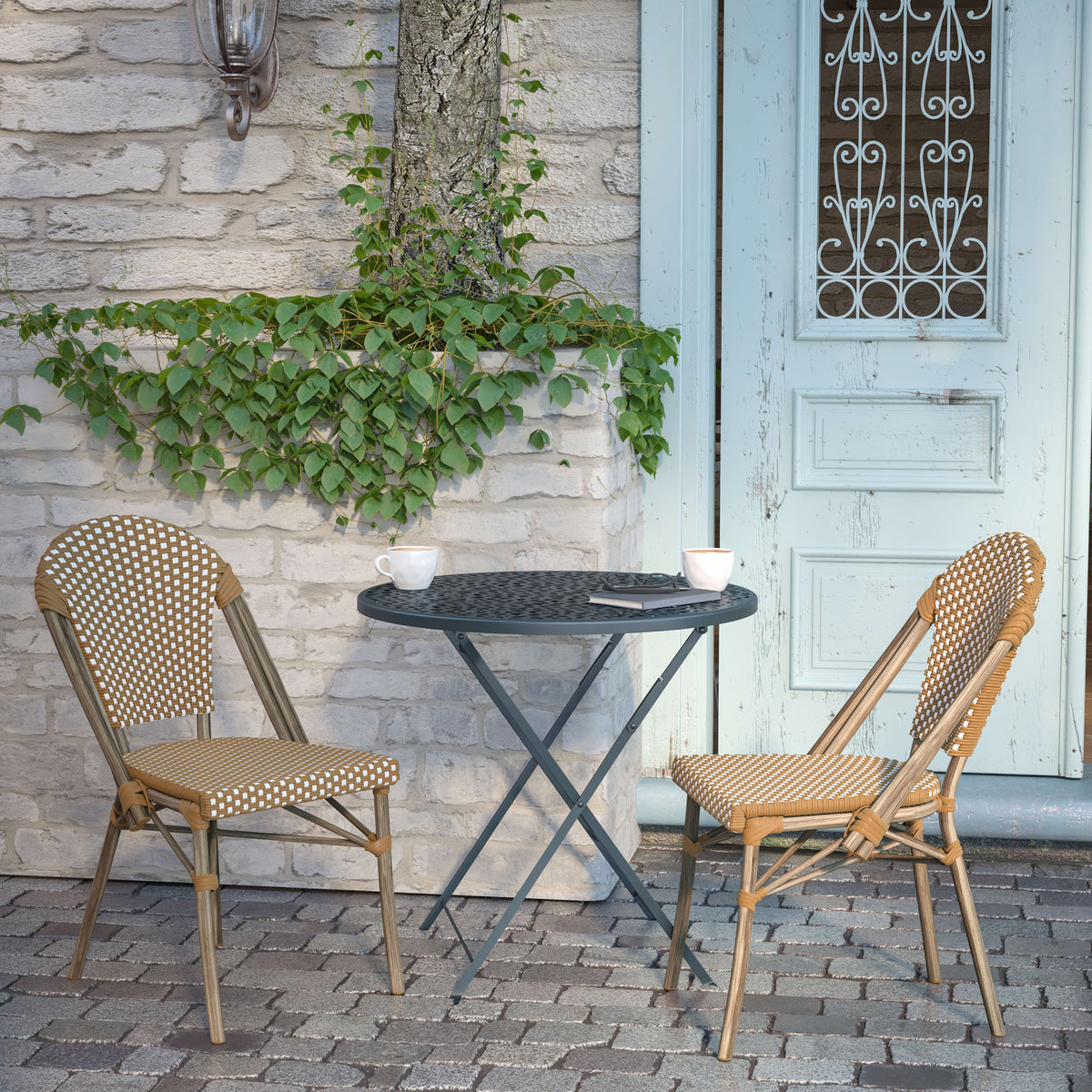 Natural & White/Light Natural Frame |#| All-Weather Commercial Paris Chair - Bamboo Print Aluminum Frame-Natural/White
