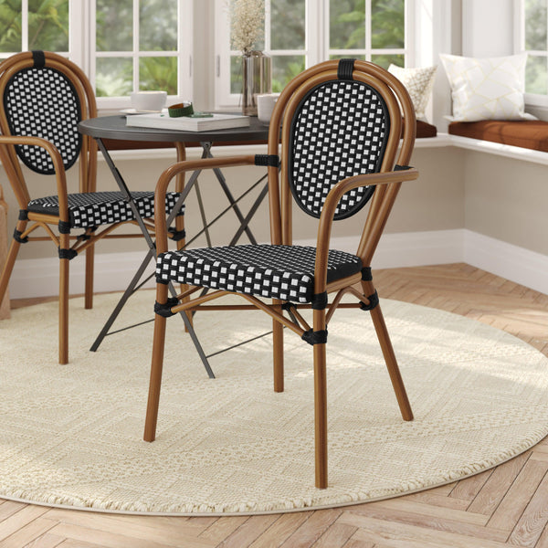 Black & White/Natural Frame |#| All-Weather Commercial Paris Chair with Bamboo Print Metal Frame-Black/White