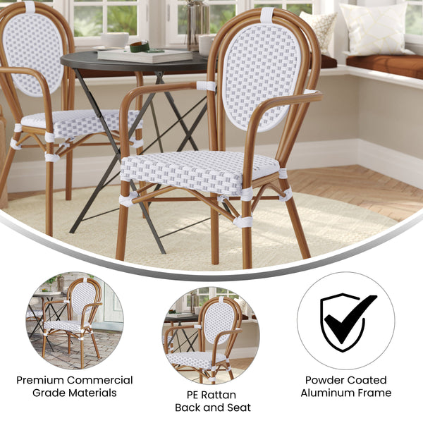 White & Gray/Natural Frame |#| All-Weather Commercial Paris Chair with Bamboo Print Metal Frame-White/Gray