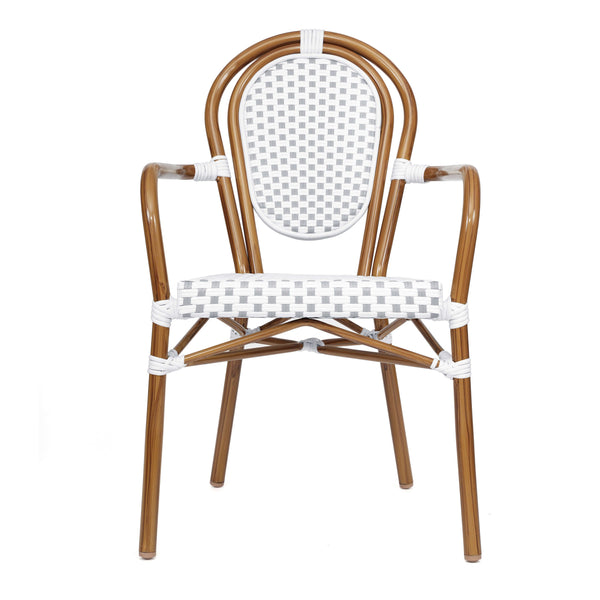 White & Gray/Natural Frame |#| All-Weather Commercial Paris Chair with Bamboo Print Metal Frame-White/Gray