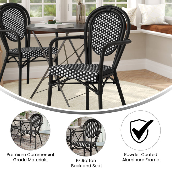 Black & White/Black Frame |#| All-Weather Commercial Paris Chair with Black Metal Frame-Black/White