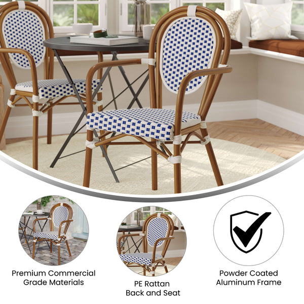 White & Navy/Natural Frame |#| All-Weather Commercial Paris Chair with Bamboo Print Metal Frame-White/Navy