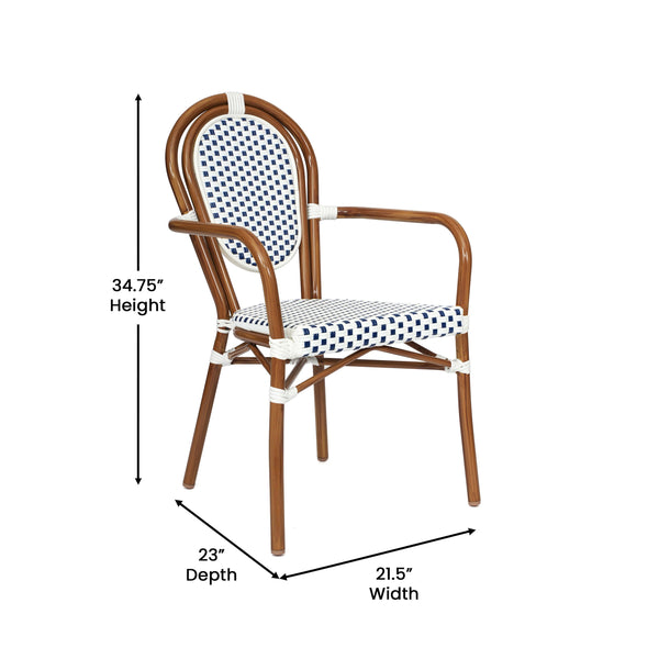 White & Navy/Natural Frame |#| All-Weather Commercial Paris Chair with Bamboo Print Metal Frame-White/Navy