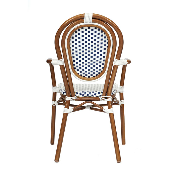 White & Navy/Natural Frame |#| All-Weather Commercial Paris Chair with Bamboo Print Metal Frame-White/Navy