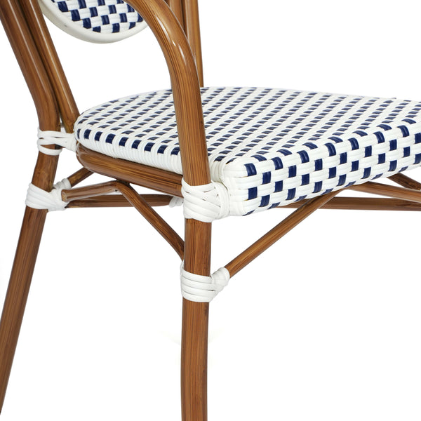 White & Navy/Natural Frame |#| All-Weather Commercial Paris Chair with Bamboo Print Metal Frame-White/Navy