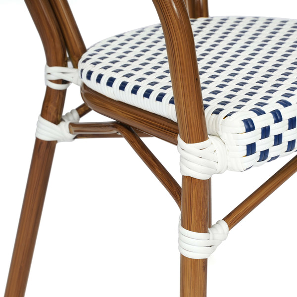White & Navy/Natural Frame |#| All-Weather Commercial Paris Chair with Bamboo Print Metal Frame-White/Navy