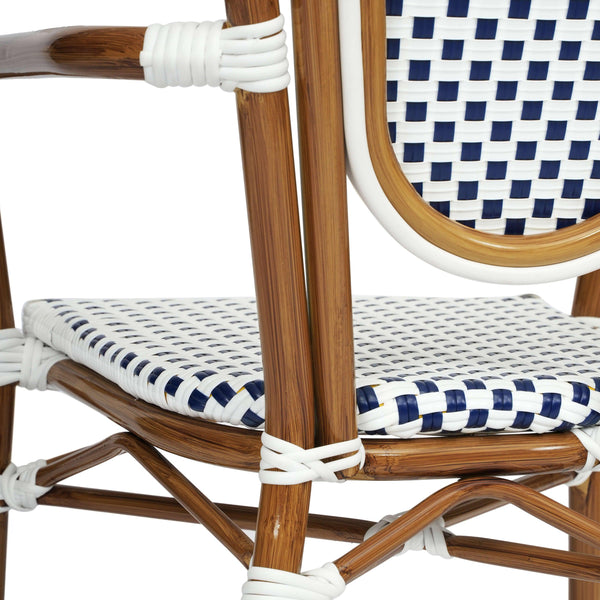 White & Navy/Natural Frame |#| All-Weather Commercial Paris Chair with Bamboo Print Metal Frame-White/Navy