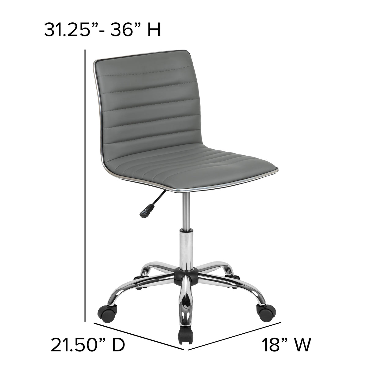 Light Gray Vinyl/Chrome Frame |#| Low Back Designer Armless Light Gray Ribbed Swivel Task Office Chair, Desk Chair