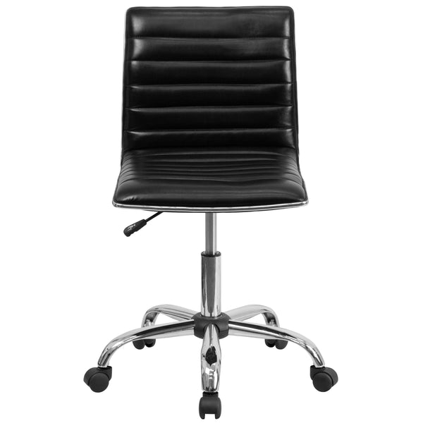 Black Vinyl/Chrome Frame |#| Low Back Designer Armless Black Ribbed Swivel Task Office Chair - Home Office