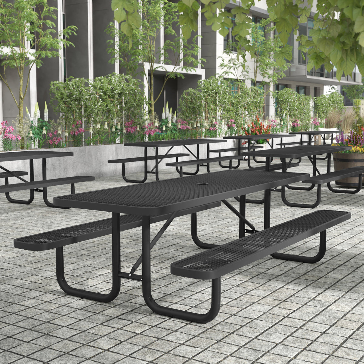 Black,8' |#| Commercial Grade 8' Rectangular Expanded Mesh Metal Outdoor Picnic Table - Black