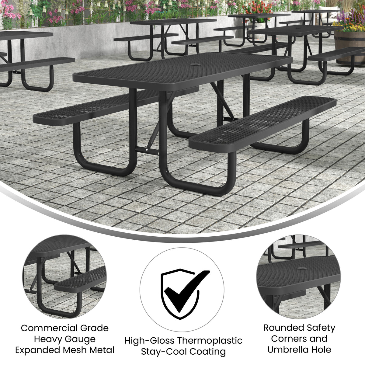 Black,6' |#| Commercial Grade 6' Rectangular Expanded Mesh Metal Outdoor Picnic Table - Black