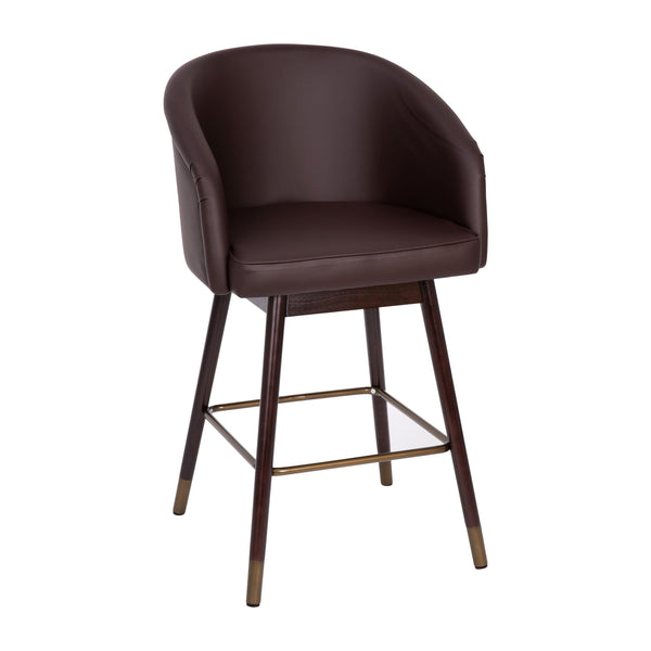 Brown |#| Commercial 26inch Mid-Back Counter Stool with Wood Legs - Brown LeatherSoft/Walnut