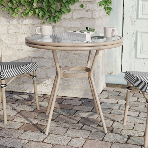 Black & White Textilene/Light Natural Frame |#| Indoor/Outdoor Commercial Glass Top Bistro Table in Black/White