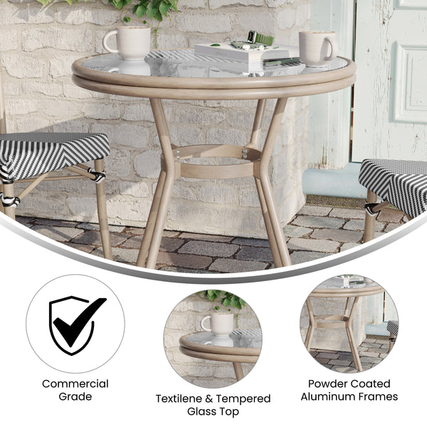Black & White Textilene/Light Natural Frame |#| Indoor/Outdoor Commercial Glass Top Bistro Table in Black/White
