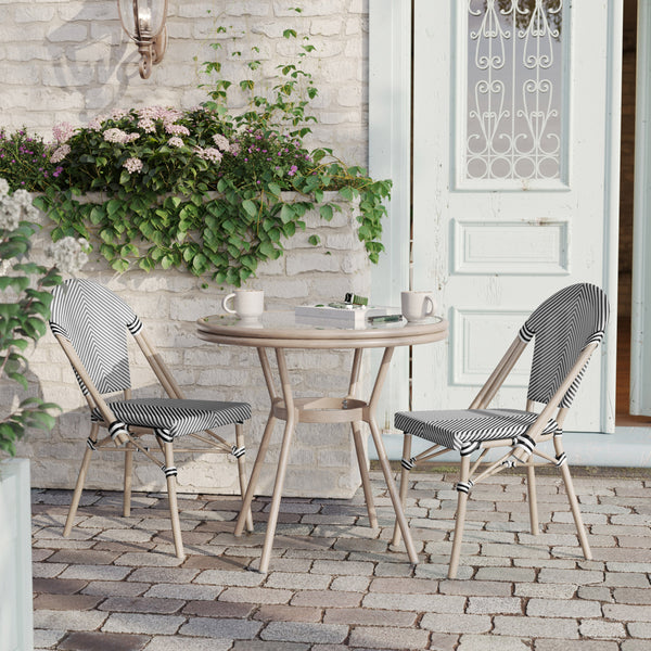 Black & White Textilene/Light Natural Frame |#| Indoor/Outdoor Commercial Glass Top Bistro Table in Black/White