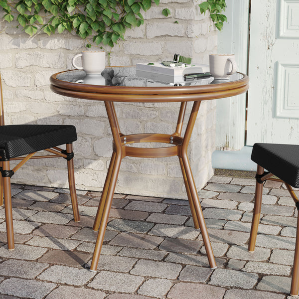 Black Textilene/Natural Frame |#| Indoor/Outdoor Commercial Glass Top Bistro Table in Black