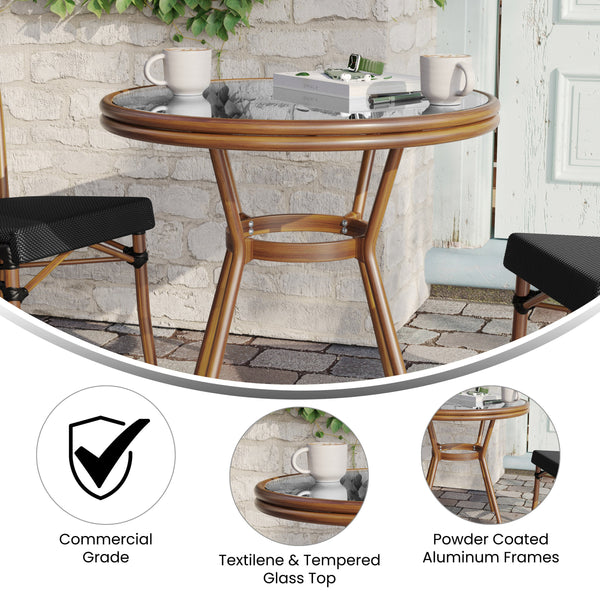 Black Textilene/Natural Frame |#| Indoor/Outdoor Commercial Glass Top Bistro Table in Black