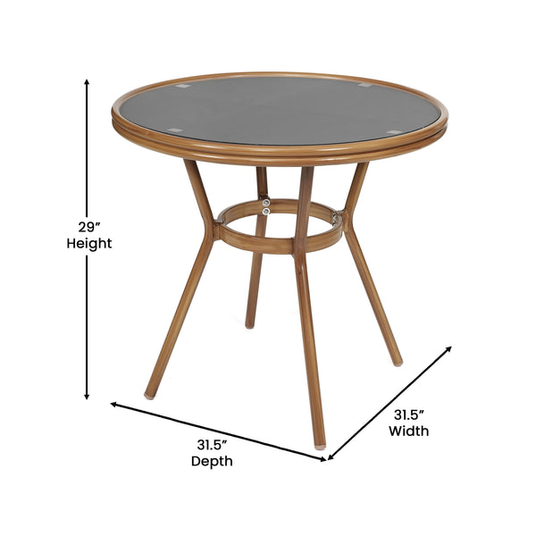 Black Textilene/Natural Frame |#| Indoor/Outdoor Commercial Glass Top Bistro Table in Black