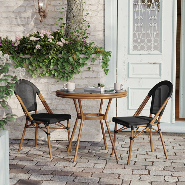 Black Textilene/Natural Frame |#| Indoor/Outdoor Commercial Glass Top Bistro Table in Black