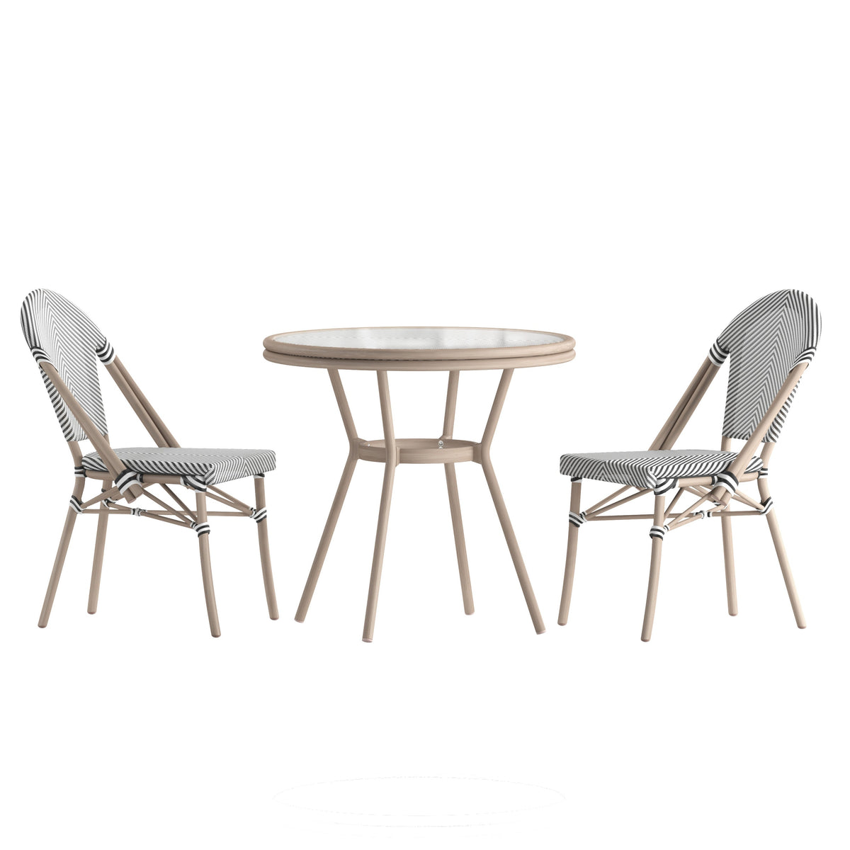 Black & White Textilene/Light Natural Frame |#| Indoor/Outdoor Commercial Bistro Set with Table and Two Chairs in Blk/Wht
