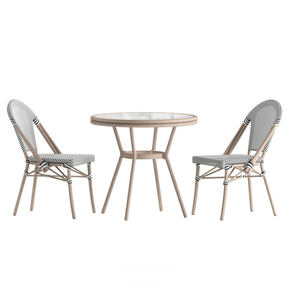 Black & White Textilene/Light Natural Frame |#| Indoor/Outdoor Commercial Bistro Set with Table and Two Chairs in Blk/Wht