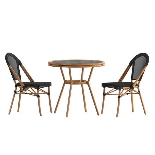 Black Textilene/Natural Frame |#| Indoor/Outdoor Commercial Bistro Set with Table and Two Chairs in Black