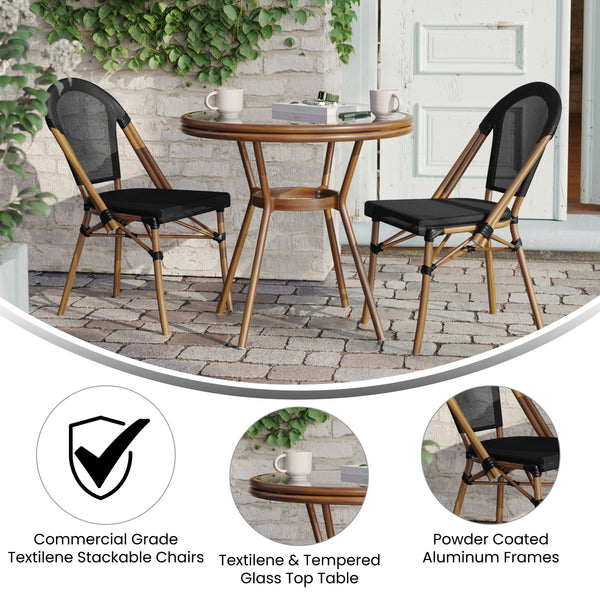Black Textilene/Natural Frame |#| Indoor/Outdoor Commercial Bistro Set with Table and Two Chairs in Black