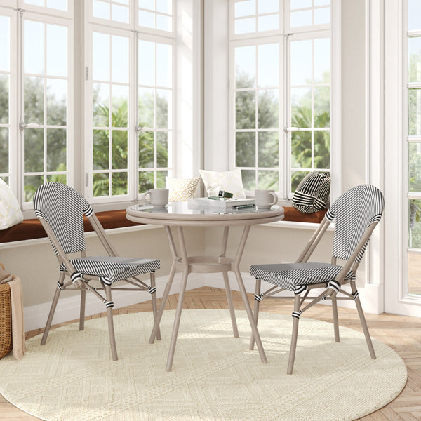 Black & White Textilene/Light Natural Frame |#| Indoor/Outdoor Commercial Bistro Set with Table and Two Chairs in Blk/Wht