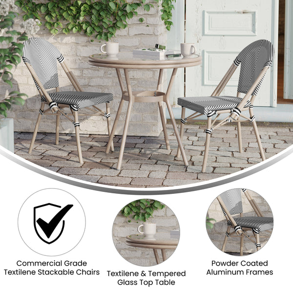 Black & White Textilene/Light Natural Frame |#| Indoor/Outdoor Commercial Bistro Set with Table and Two Chairs in Blk/Wht