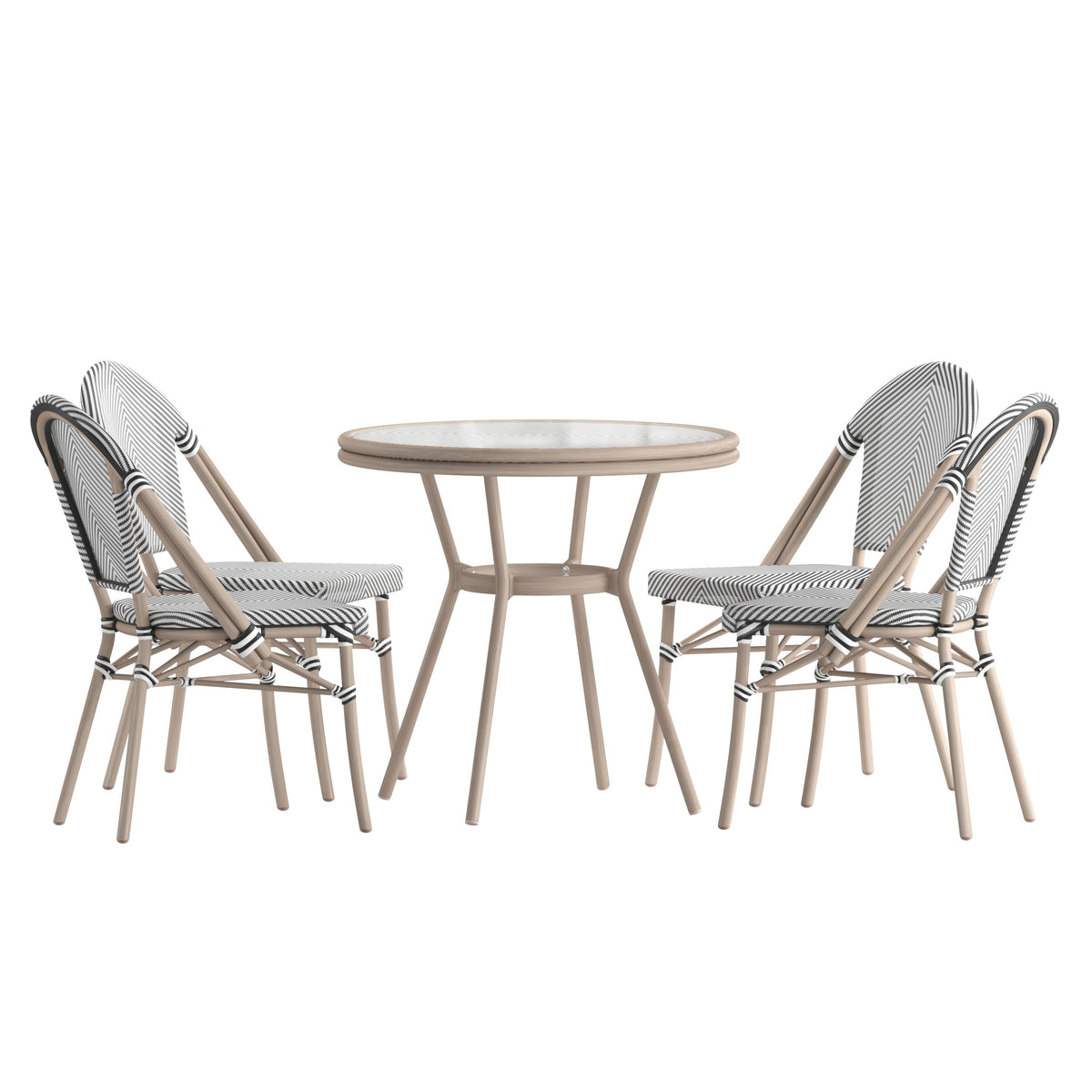 Black & White Textilene/Light Natural Frame |#| Indoor/Outdoor Commercial Bistro Set with Table and 4 Chairs in Blk/Wht