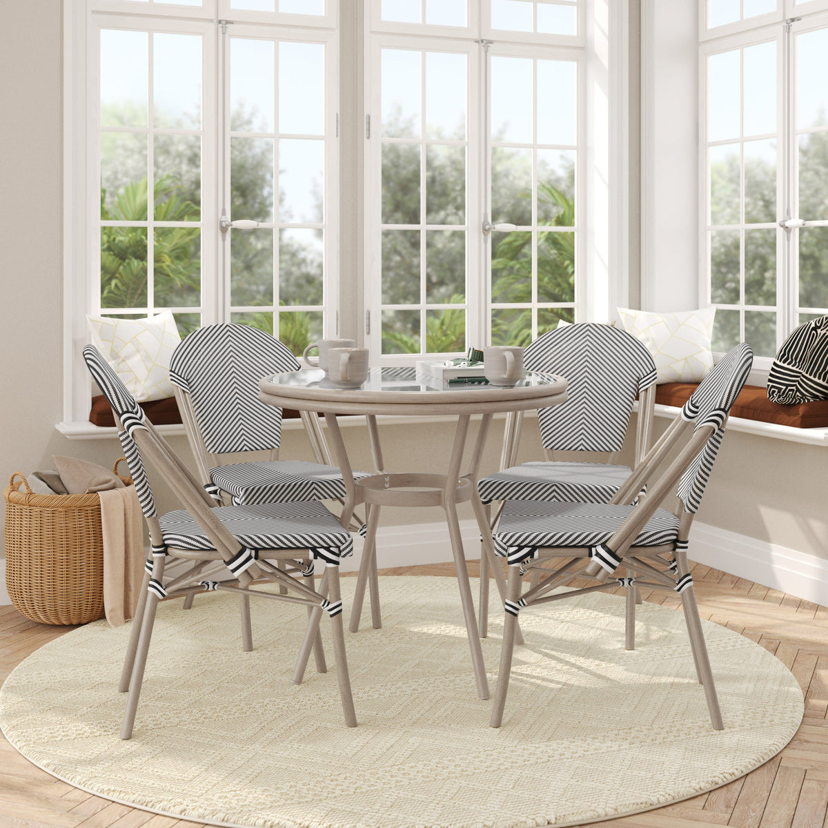 Black & White Textilene/Light Natural Frame |#| Indoor/Outdoor Commercial Bistro Set with Table and 4 Chairs in Blk/Wht