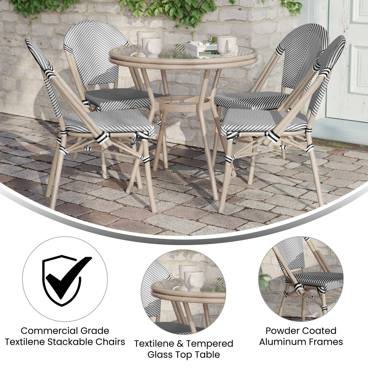 Black & White Textilene/Light Natural Frame |#| Indoor/Outdoor Commercial Bistro Set with Table and 4 Chairs in Blk/Wht