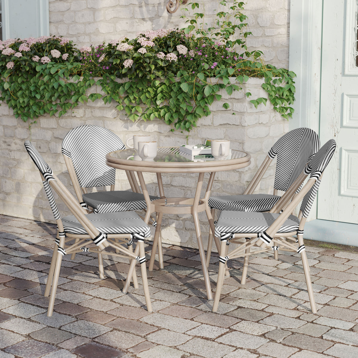 Black & White Textilene/Light Natural Frame |#| Indoor/Outdoor Commercial Bistro Set with Table and 4 Chairs in Blk/Wht